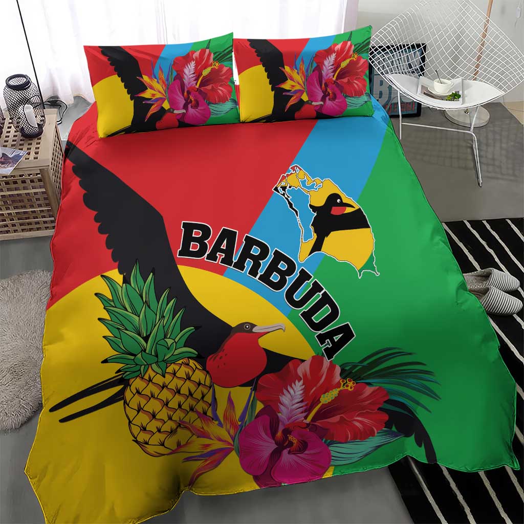 Colorful tropical bedding set: duvet and two pillows with toucans, pineapples, flowers, BARBUDA