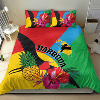 Tropical duvet and pillow set with toucan, hibiscus, pineapple, and diagonal BARBUDA lettering