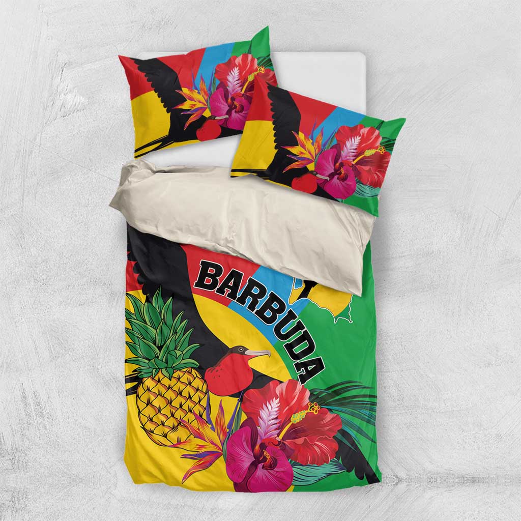 Flat-lay view of tropical bedding set with duvet and two pillowcases featuring BARBUDA and birds