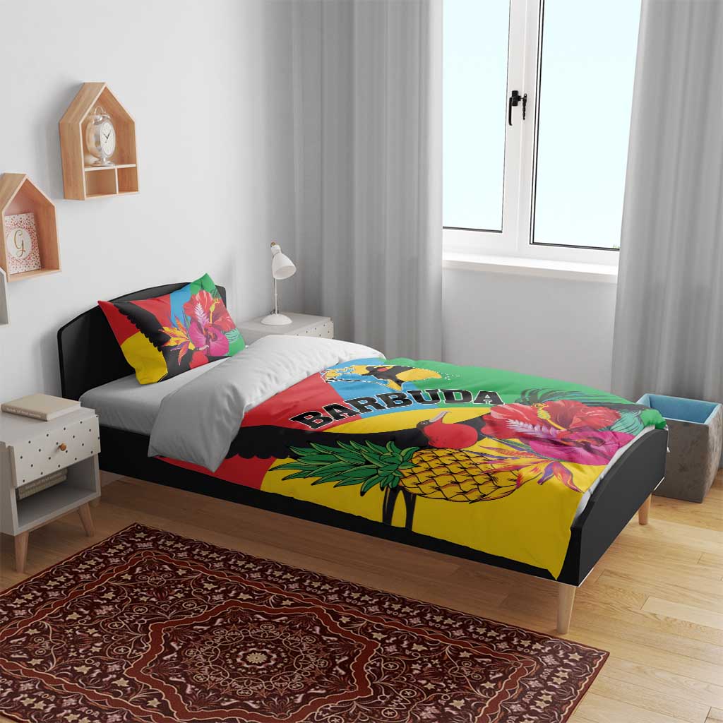 Tropical duvet bedding set on bed with two pillows showing toucans, pineapple, hibiscus, BARBUDA