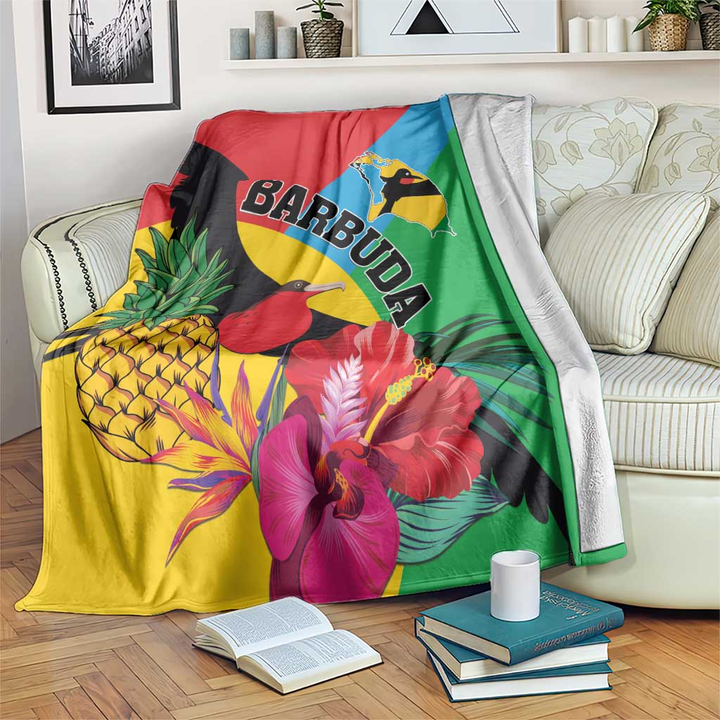 Colorful tropical blanket with birds, hibiscus flowers, pineapple and BARBUDA lettering