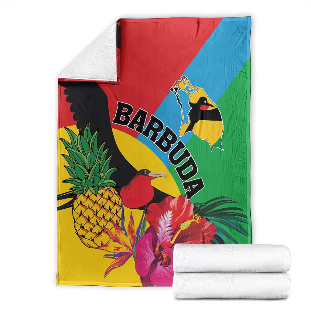 Folded tropical blanket set with BARBUDA text, birds, pineapple and hibiscus flowers