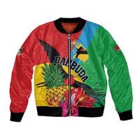 Barbuda bomber jacket with zip front, colorful tropical bird and fruit graphics, ribbed hem