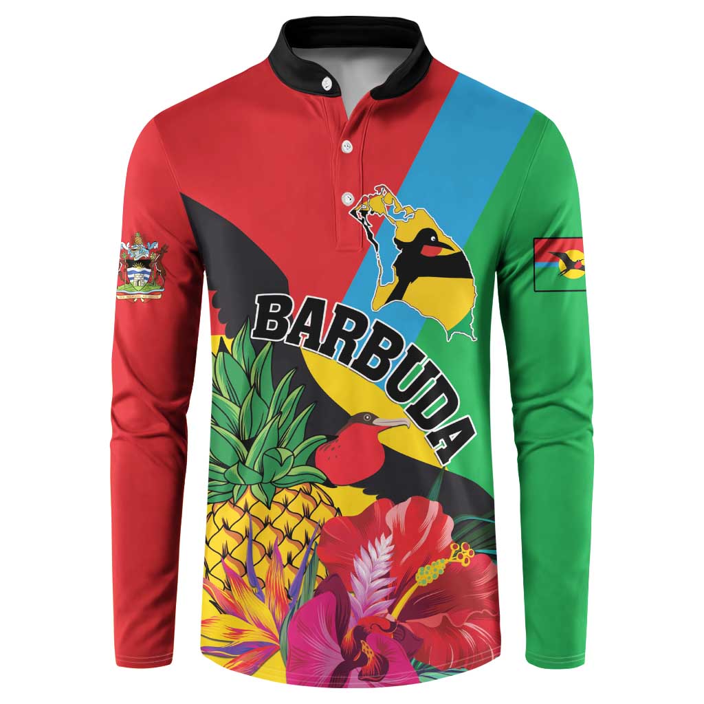 Colorful button sweatshirt with black collar, red/green/blue tropical Barbuda bird graphic