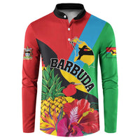 Colorful button sweatshirt with black collar, red/green/blue tropical Barbuda bird graphic