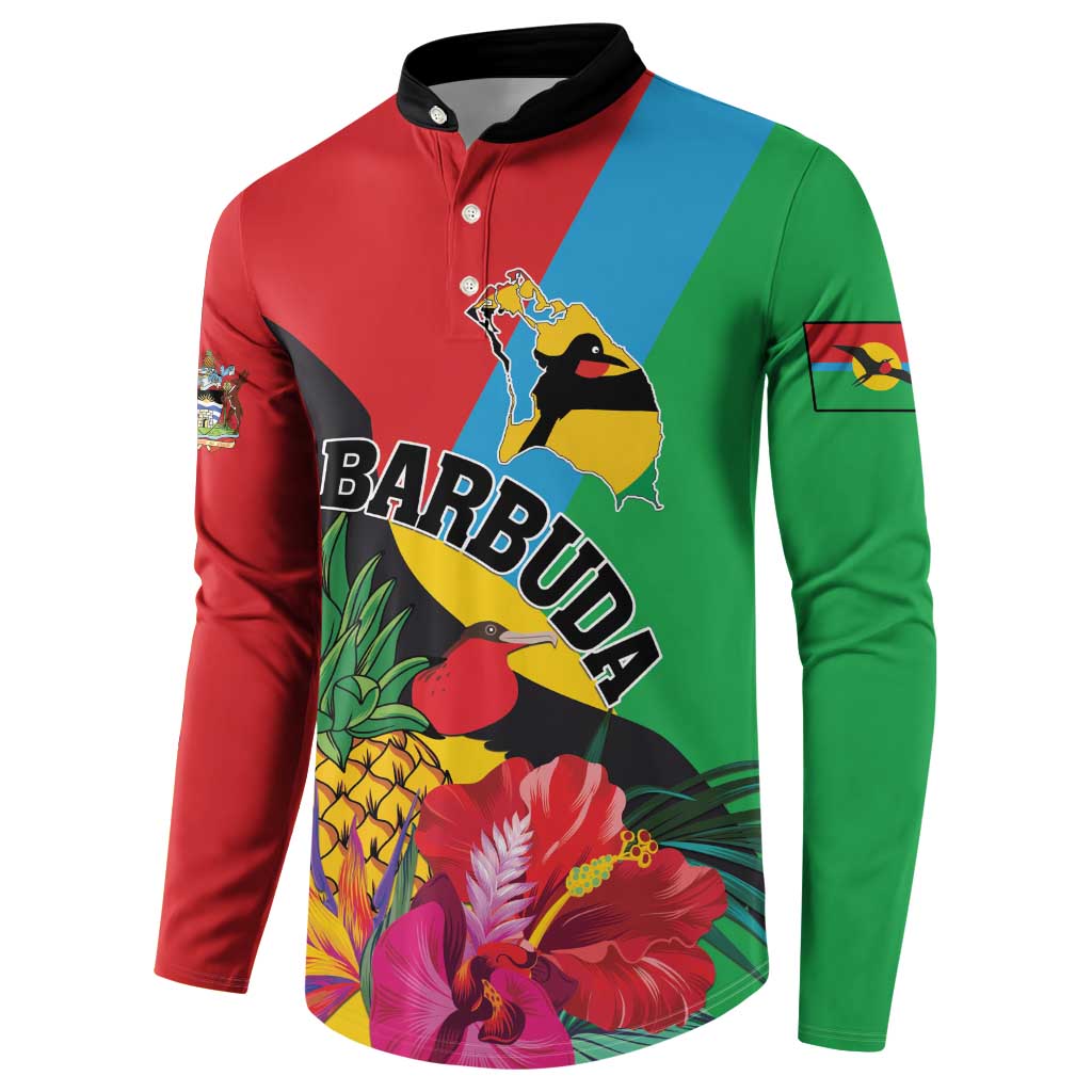 Colorful button sweatshirt with black collar, front Barbuda text and tropical bird design