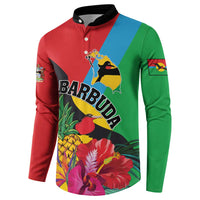 Colorful button sweatshirt with black collar, front Barbuda text and tropical bird design
