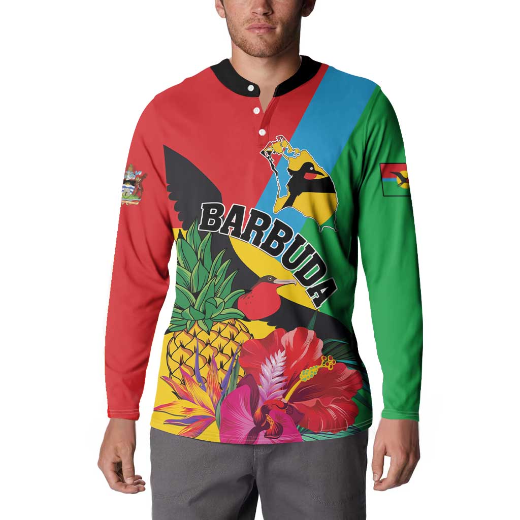 Colorful button sweatshirt with black collar, Barbuda front graphic on model