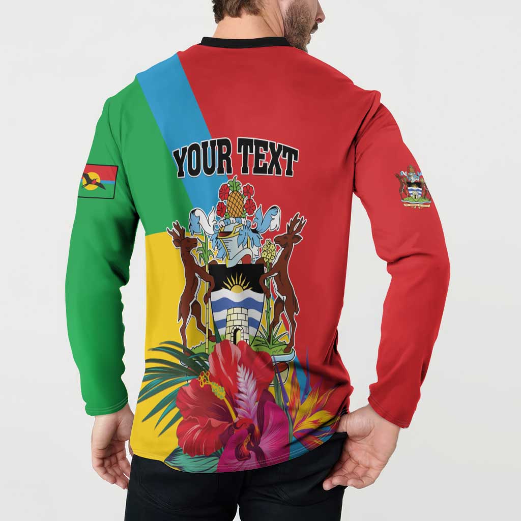 Colorful button sweatshirt back with YOUR TEXT print and tropical scene on model