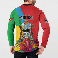 Colorful button sweatshirt back with YOUR TEXT print and tropical scene on model