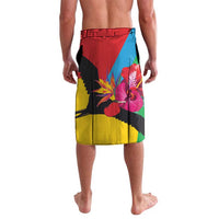 Tropical print knee-length shorts with abstract bird and floral graphics, red yellow blue black
