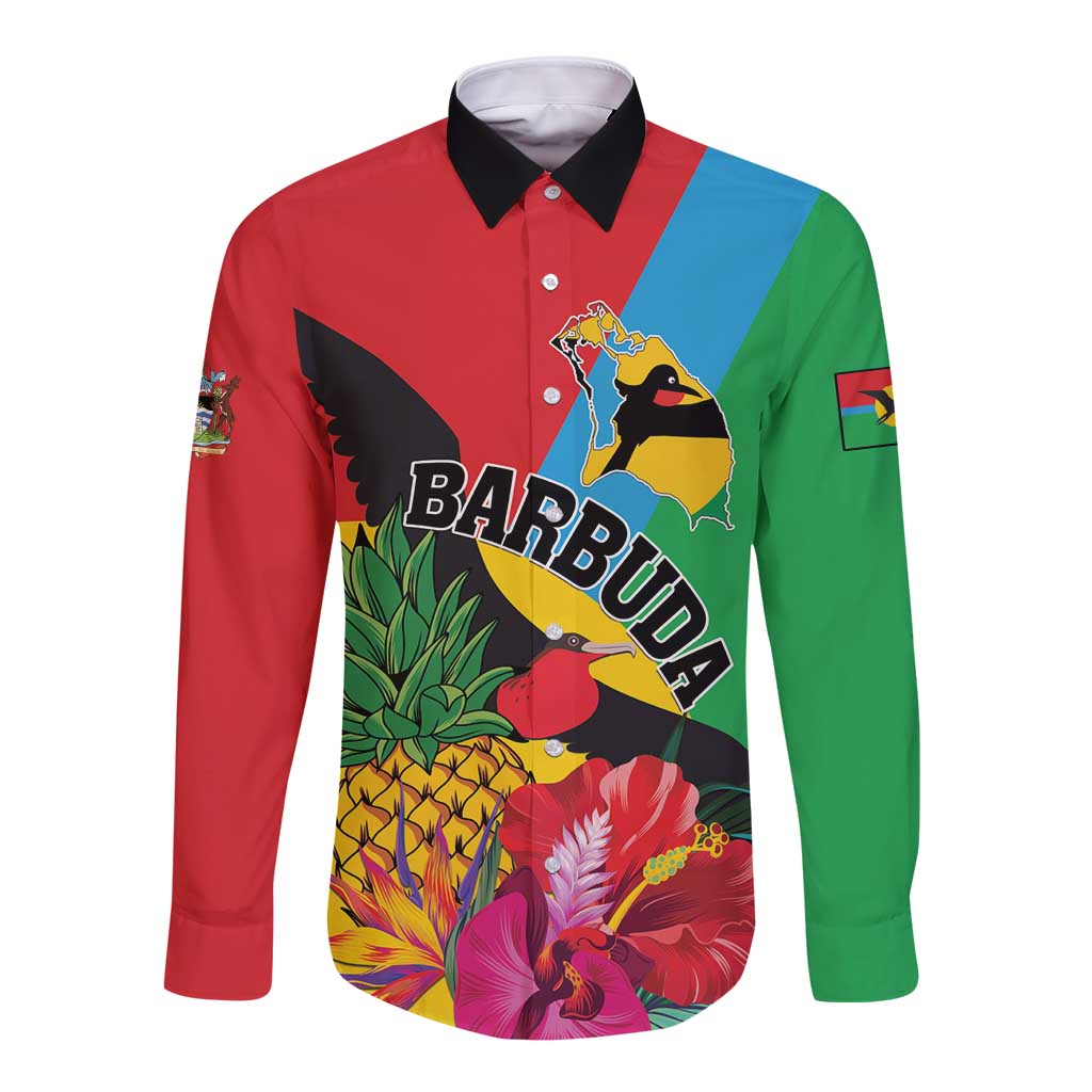 Personalised Barbuda long-sleeve button shirt, colorful tropical bird and floral print