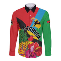 Personalised Barbuda long-sleeve button shirt, colorful tropical bird and floral print