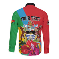 Personalised Barbuda long-sleeve button shirt back, YOUR TEXT and tropical crest print
