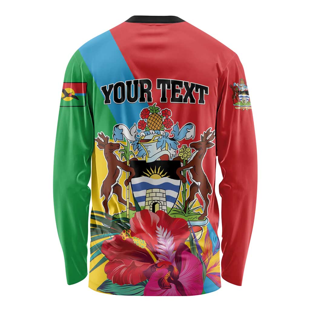 Personalized long-sleeve shirt, back print with 'YOUR TEXT' and tropical flowers