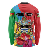 Personalized long-sleeve shirt, back print with 'YOUR TEXT' and tropical flowers