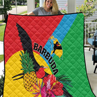 Colorful tropical quilt with black bird, pineapple, hibiscus, and quilted diamond stitching.