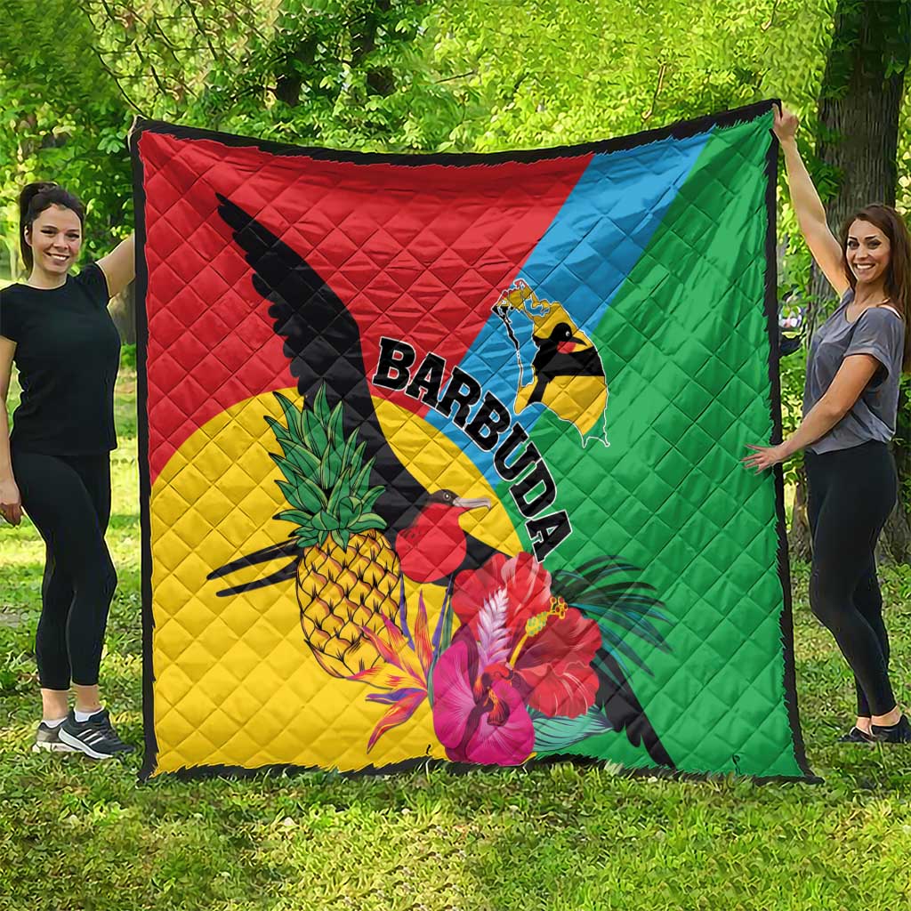 Large tropical quilt with bird graphic, pineapple and flowers on red, blue, green, yellow.