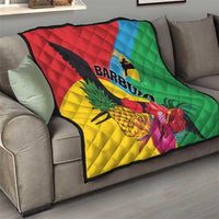 Tropical quilt with bird, pineapple and pink flower accents; quilted diamonds across the surface.