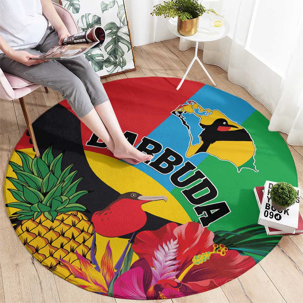 Round tropical area rug with Barbuda text, toucan and plants in red blue green