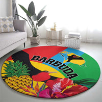 Round tropical area rug with Barbuda text and colorful bird-and-flower design