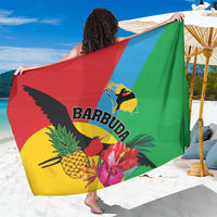 Colorful tropical sarong with bird and flowers graphic, red blue green yellow panels