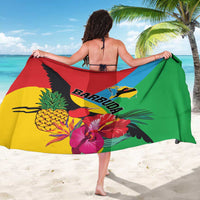 Colorful tropical bird sarong draped across shoulders, red blue green yellow with flowers