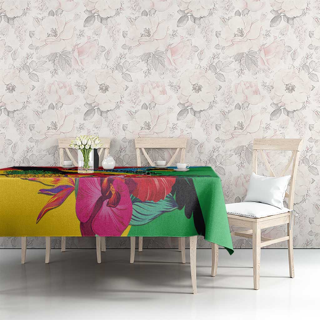 Tropical bird tablecloth with green panel and colorful flowers on dining table