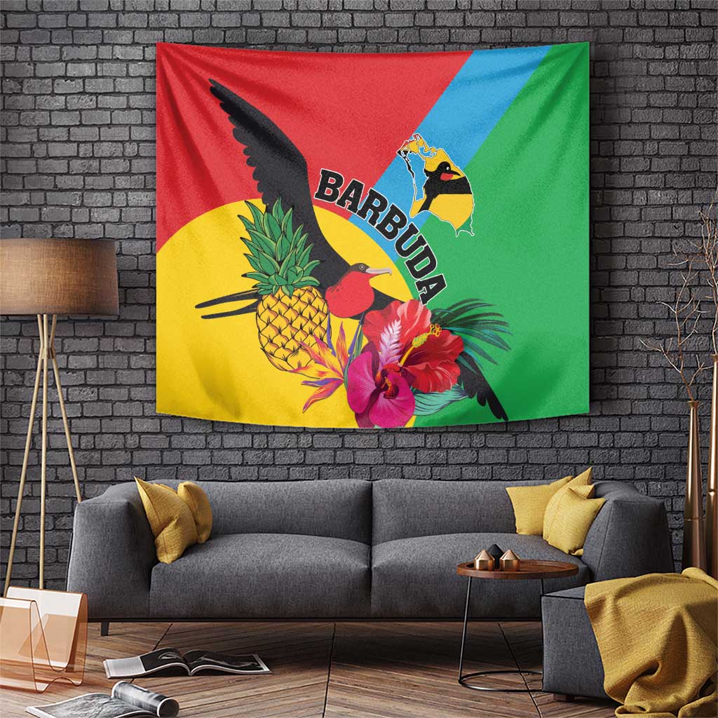 Barbuda tropical bird tapestry wall hanging with “BARBUDA” text and colorful frigate birds