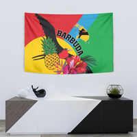 Tropical bird wall tapestry with “BARBUDA” text, pineapple leaves, and hibiscus-style flowers