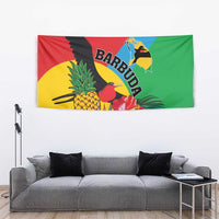 Colorful tropical tapestry featuring frigate birds, pineapple, and “BARBUDA” lettering