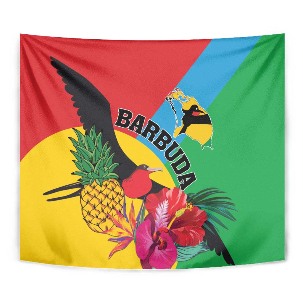 Close view tropical bird tapestry with “BARBUDA” text, pineapple leaves, and tropical flowers