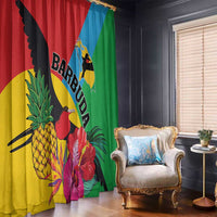 Tropical window curtain panels with colorful bird, pineapple, and floral print in red, blue, green.