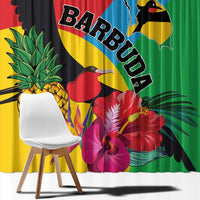 Tropical curtain panel with bird, pineapple, and hibiscus flowers on red, yellow, blue, green.
