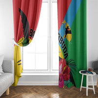 Bird-and-pineapple tropical window curtain panels in red, blue, green with multicolor accents.