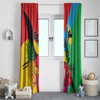 Tropical window curtain panels featuring bird and pineapple artwork in red, blue, green, yellow.