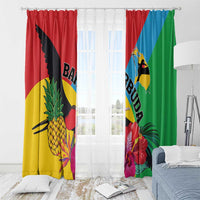 Tropical window curtain panels with colorful bird and pineapple print, top grommets visible.