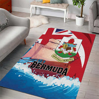 Bermuda-themed rectangular area rug featuring Union Jack, crest, and blue ocean wave print