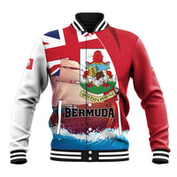 Personalized Bermuda baseball jacket, red/white/blue front with crest and Bermuda print