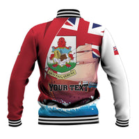 Personalized Bermuda baseball jacket, red back with crest and customizable 'YOUR TEXT'