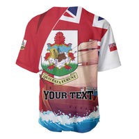 Red baseball jersey with Bermuda crest, flag stripes, and 'YOUR TEXT' panel