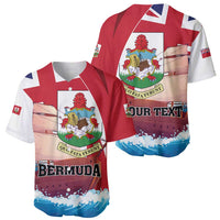 Red baseball jersey with crest, flag accents, and 'OUR TEXT' design