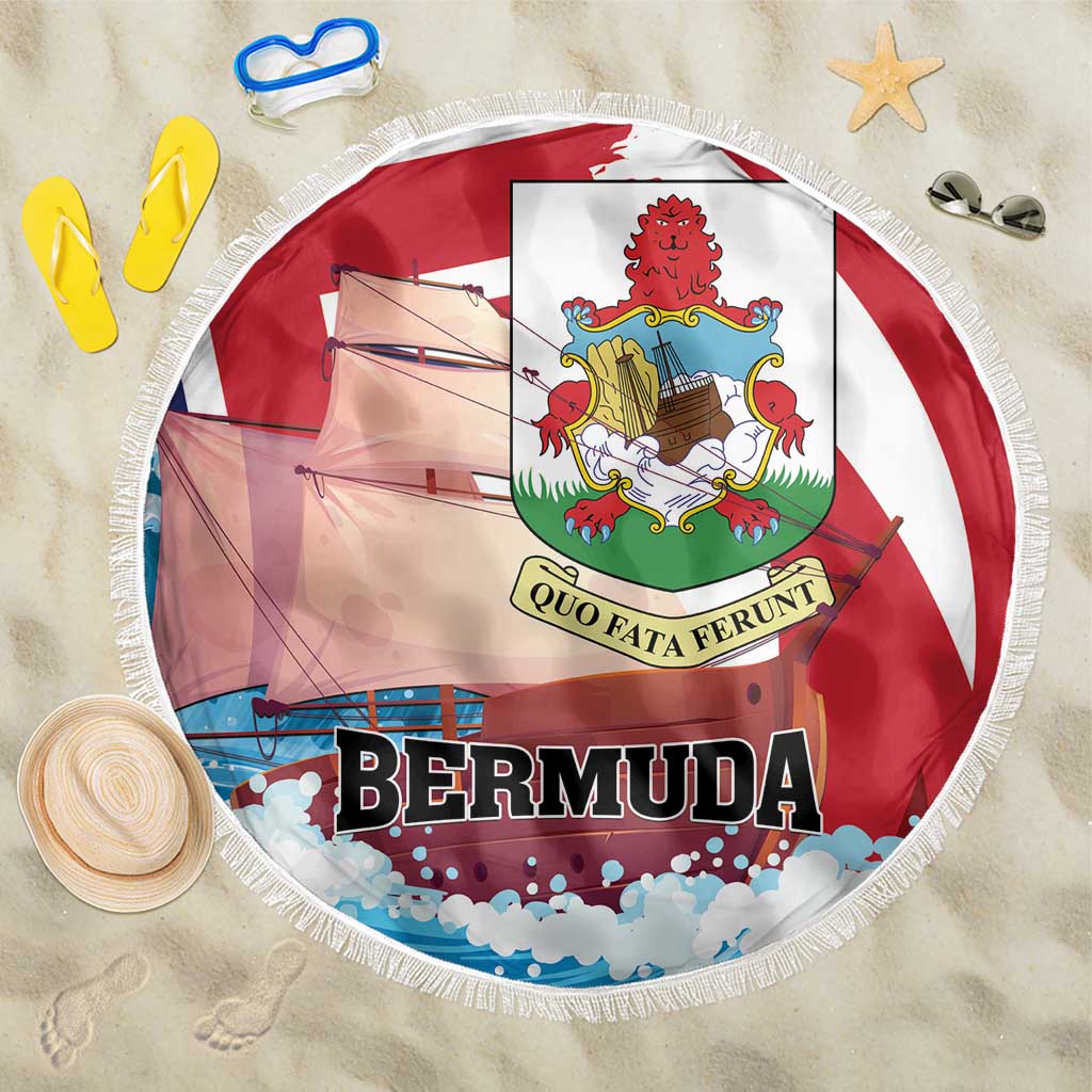 Red and white round beach blanket with white fringe, Bermuda lettering and coat-of-arms crest
