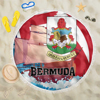 Red and white round beach blanket with white fringe, Bermuda lettering and coat-of-arms crest