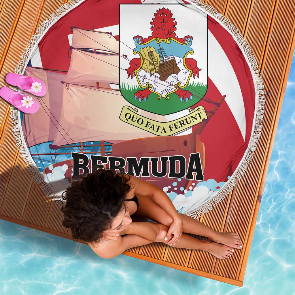 Red round beach blanket with white fringe, Bermuda lettering and coat-of-arms crest in center