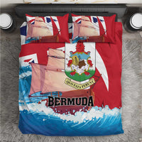 Red Bermuda bedding set with crest, flag accents, blue wave pattern, includes 2 pillowcases