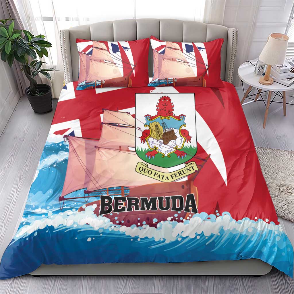 Red Bermuda duvet cover with crest emblem, flag rays, blue wave bottom, 2 pillowcases