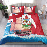 Red Bermuda duvet cover with crest emblem, flag rays, blue wave bottom, 2 pillowcases