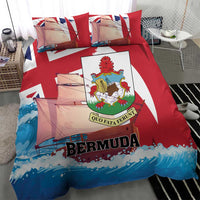 Red Bermuda bedding set with crest logo and BERMUDA text, flag design, blue wave pattern