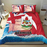 Red Bermuda bedding set with crest emblem and BERMUDA text, flag rays, blue wave hem